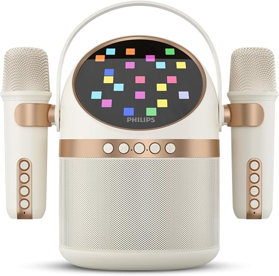 PHILIPS S2508 Portable Karaoke Machine,Party Bluetooth Speaker with 2 Karaoke Microphones,7 H Battery,Multi-Colored Light Modes with Display Screen,6 Vocal Effects,USB,AUX or TF Card Input,Mini,White