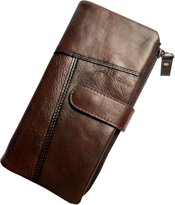 LUKZIJAES Vintage Long Wallet for Men Genuine Leather Zipper RFID Blocking Card Holder with Coin Pocket Mens Clutch Purse (#4-Coffee)