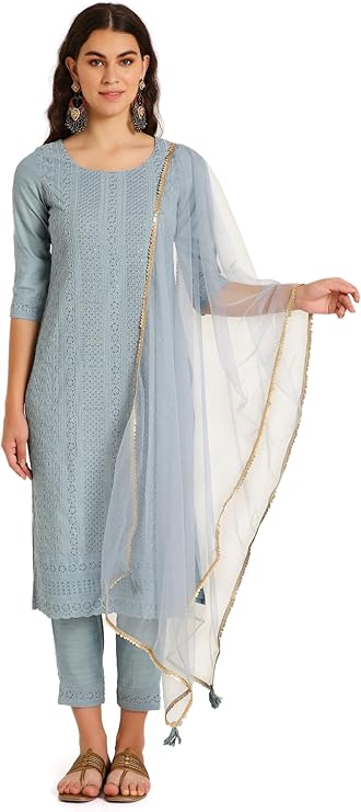 Shopping Queen Women's Silk Blend Chikankari Embroidery Kurta set with Dupatta