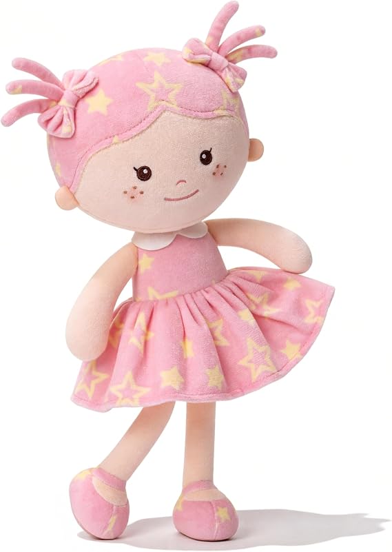 Onetoo First Baby Doll Plush Baby Girls Dolls Rag Doll Soft Baby Doll for Girls Sleeping Cuddle Buddy Doll Wear Star Pink Sleeveless Dress 14"