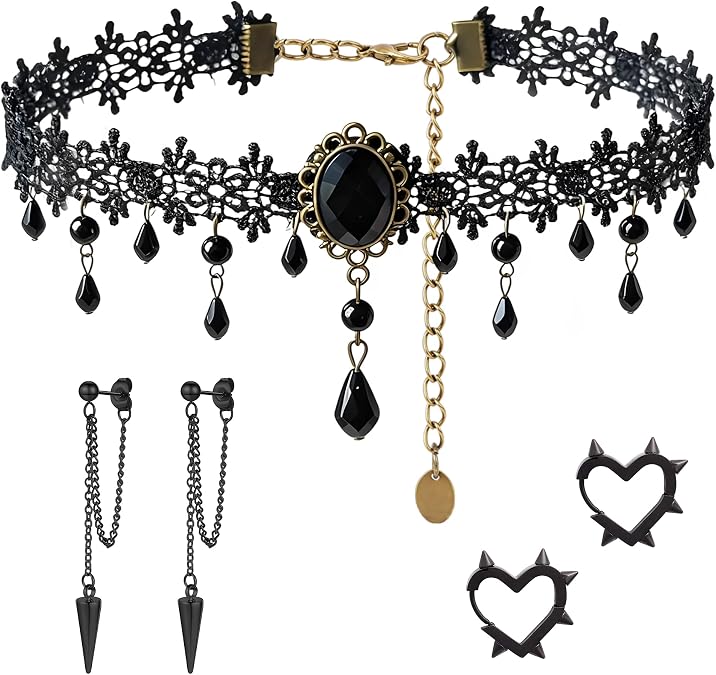 MOSTORY Gothic Accessories for Women, 3 Pcs Blakc Beaded Lace Choker Necklace Dangle Earrings Spike Heart Hoop Earrings Set for Goth Cosplay Witch Aesthetic Renaissance Renfaire Halloween