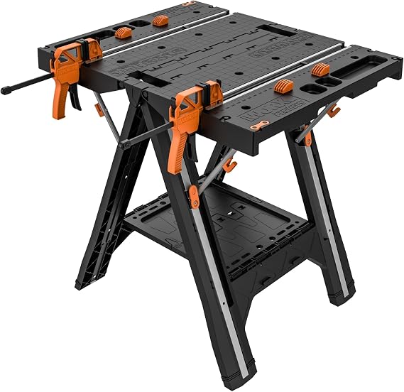 Worx Pegasus 2-in-1 Folding Work Table & Sawhorse, Easy Setup Portable Workbench, 31 W x 25 D x 32 H Lightweight Worktable with Heavy-Duty Load Capacity, WX051 - Includes 2 Clamps & 4 Clamp Dogs