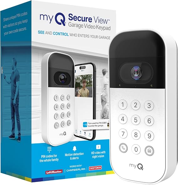myQ Smart Garage Door Video Keypad with Wide-Angle Camera,Customizable PIN Codes,and Smartphone ControlTake Charge of Your Garage Access Works with Chamberlain, LiftMaster and Craftsman openers,White