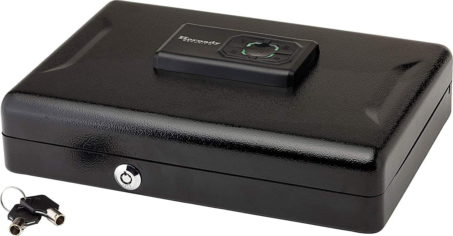 Hornady Handgun Vault Safe with Keypad Entry – Secure Your Firearms and Valuables – 4-6 Keypad Entry, Interior Light and Backup Keys – Black, 12 H x 8.3 W x 2.6 D Inches – Item 95432