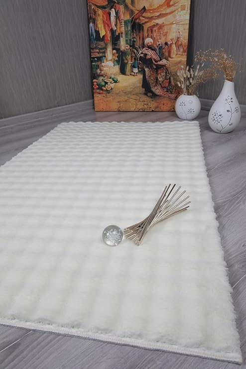 my evilla Dekoratif Bubble Uzun Tüylü Yumuşak Puffy Peluş Kaymaz Yıkanabilir Salon Koridor Halı Yolluk Krem 100 x 200