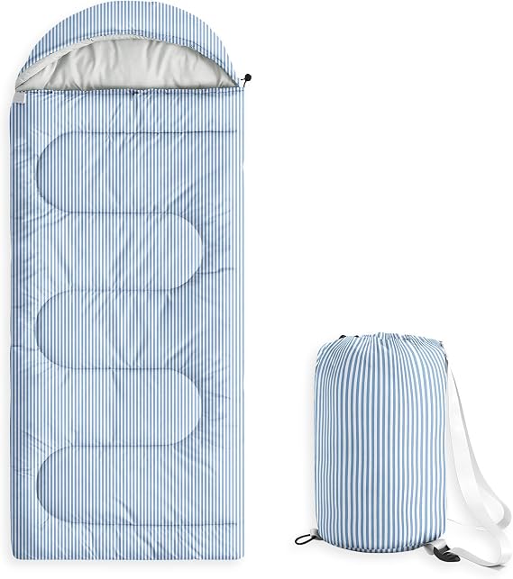 Wake In Cloud - Kids Sleeping Bag for Boys Girls Toddlers, Camping in Warm Cold Weather, Backpacking Lightweight Compact Outdoor Liner for 3 Seasons, Farmhouse Ticking Stripe