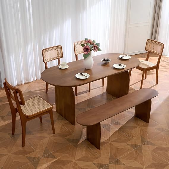 homary Japandi Oval Dining Table for 6, 70.9" Solid Pine Wood Kitchen Table, Modern Mid Century Minimalist Kitchen & Dining Room Table, Double Pedestal Base, Walnut