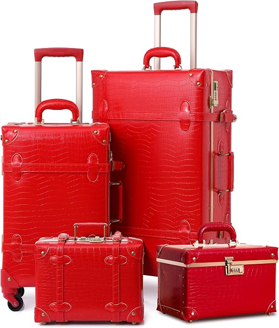 urecity Vintage Luggage Sets of 3 Piece - Hardside Lightweight Spinner Suitcases - Retro Travel Set includes Under Seat Train Case, Cosmetic Train Case, Red Alligator
