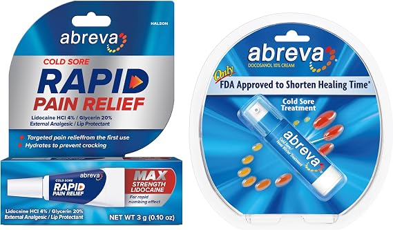 Bundle of Abreva Cold Sore Treatment Rapid Pain Relief Cream - 1 Tube, 3 Grams + Abreva 10 Percent Docosanol Cold Sore Treatment, Treats Your Fever Blister in 2.5 Days - 0.07 oz Pump