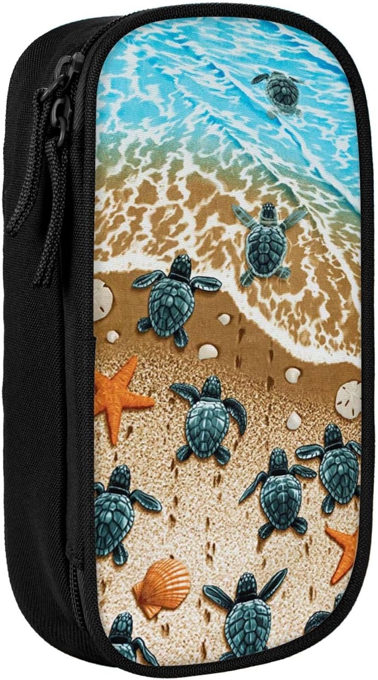 Turtles on the Beach Print Pencil Case, Black High-Capacity Pen Pencil Pouch Stationery Organizer with Pen Slots & Pouches for School Travel Makeup