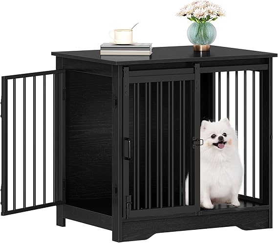 Hzuaneri 27.2" S Dog Crate Furniture Indoor Dog Kennel with Barn Door | Heavy Duty Dog Crate Dog Kennel Furniture with 2 Doors Wooden Pet Cage End Table for Small Dogs, Black DFC84304B
