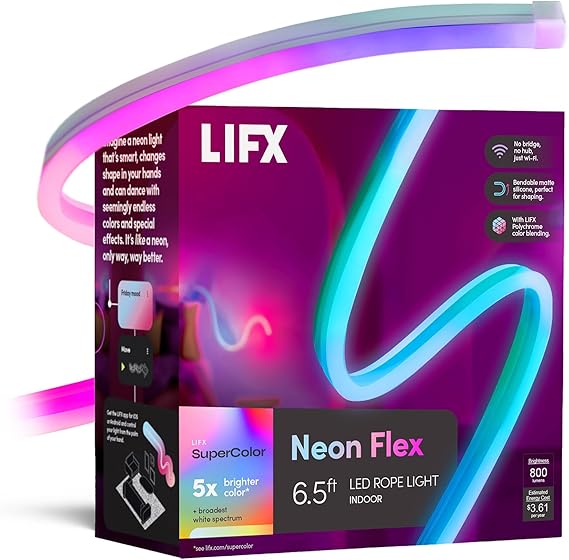 LIFX Flex Neon LED Rope Light 6.5FT Indoor, Bendable Neon Rope Lights for Bedroom & Gaming, Apple HomeKit, Alexa, Google Home, Matter, Music Sync,