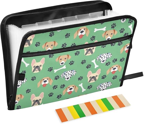 13 Pockets Expanding File Folder Bulldog Dalmatian Cartoon Dogs with Sticky Labels Accordion File Folder Document Organizer Letter Size A4 Papers Expandable File Keeper