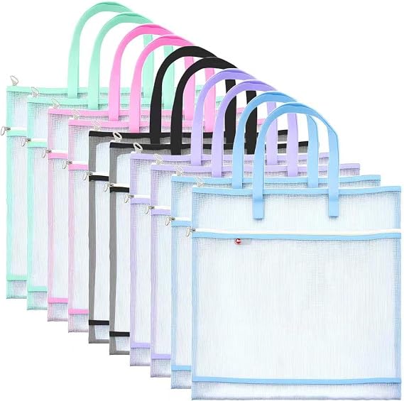 10 Pcs Sew Project Bags 16.5 x 16.5 Inch Back to School Quilting Craft | Organizer Storage Bags with Handle and Pocket Jumbo See-Through Mesh Zipper Bags for Quilting, Knitting, Stitching