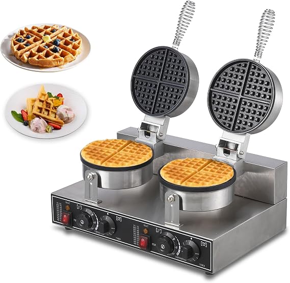 Commercial Waffle Maker, 2600W Round Waffle Iron, Non-Stick Rotatable Waffle Baker Machine, 50C-300C Temp Range, Stainless Steel Round Commercial Waffle Maker for Restaurant, 110V