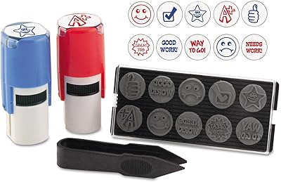 Stamp-Ever 10-in-1 Teachers Student Work Stamp Kit, 10 Interchangable Self-Inking Stamps, 58-Inch Impression, BlueRed 4630