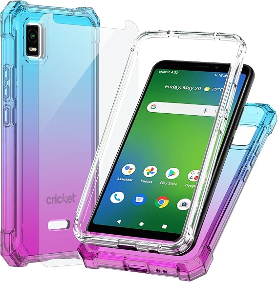 Ailiber for Cricket Debut Smart Case, Slim, Screen Protector-Blue Pink | Heavy Duty Dual Layer Shockproof TPU Bumper, Reinforced Corners. Hard Back Soft Edge. Rugged PC Shell, Drop Protection Cover