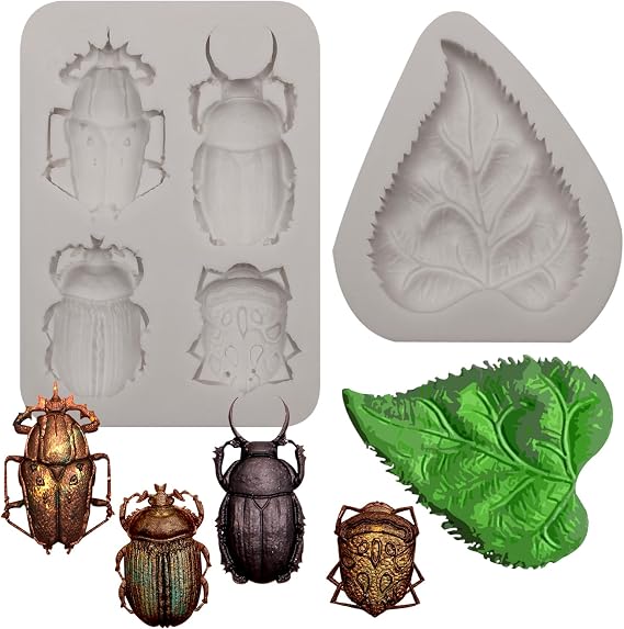 Insect Silicone Mold Set with Beetles and Leaf Design, Decorative Casting Molds for Crafts Gray epoxy Candy Making Cake Decorating