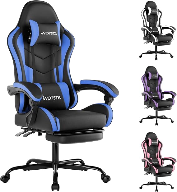 Gaming Chair with Footrest, Ergonomic Gaming Chair, Computer Chair with Lumbar Support, Head Rest, Height Adjustable PC Chairs with 360°-Swivel Seat for Office or Gaming, Black Blue