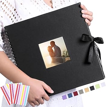 Vienrose Scrapbook Photo Album with Corner Stickers 12x12 inches DIY with Cover Photo Pocket 80 Pages Silk Ribbon Hardcover Album for Guest Book Wedding Baby Shower Christmas Black
