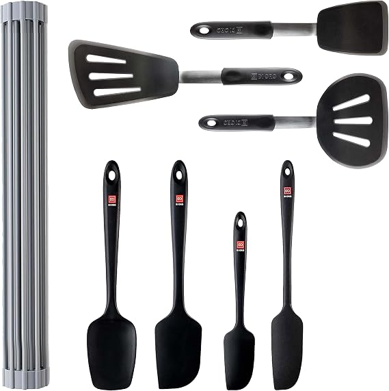 DI ORO 8-Piece Kitchen Utensil Set - 3 Turner & 4 Seamless Spatulas - 20.5" x 13" Silicone Dish Drying Rack - 600F Heat-Resistant Kitchen Spatulas - Easy to Clean and Dishwasher Safe Tools (Black)