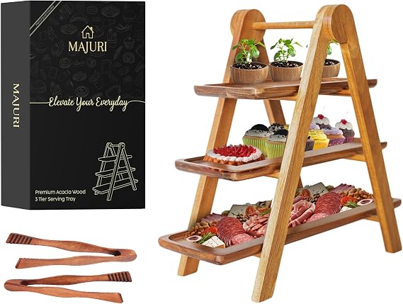 MAJURI 3 Tier Wooden Serving Tray, Halloween Serving Tray, Set of 2 Tongs Free, Tiered Serving Trays for Party, Picnic, Your Perfect Elevated Charcuterie Stand and for 3 Tiered Dessert Stand Lovers