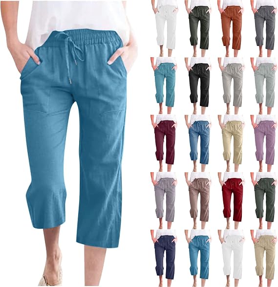 LRMQS Capri Pants for Women Casual Summer 2026 Drawstring Capris Linen Pants Pockets Beach Straight Wide Leg Cropped Trousers