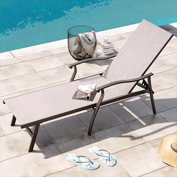 Crestlive Products Aluminum Adjustable Chaise Lounge Chair Five-Position  Flat Outdoor Recliner All Weather for Patio, Beach, Yard, Pool (1PC Beige)