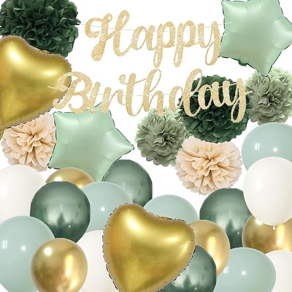 Green Gold Birthday Decorations - Happy Birthday Banner Sage Balloons Kit with Boho Tissue PomPoms Decor for Women Men Neutral Party Supplies (Chrome Green + Gold)