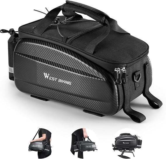 West Biking Waterproof Hard Shell Bike Rear Rack Bag 11L Capacity 600D Oxford Fabric & EVA Bicycle Trunk Pannier Bag for Commuting Touring Mountain Road E-Bike with Rain Cover (Black-2: 11Lcapacity)