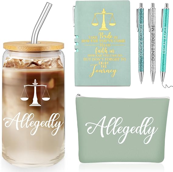 Domensi 6 Pcs Funny Lawyer Gifts Allegedly Essentials for Law School Student 16 oz Glass Cup Tumbler Makeup Bag Notepad Ballpoint for Women Law Paralegal Attorney Passed The Bar Exam Gifts(Green)