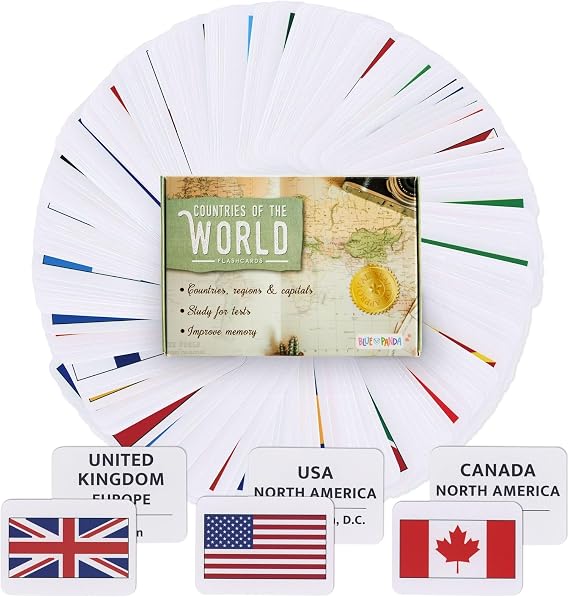 Blue Panda 205 Country Flags Flash Cards - 2.5 x 3.5 in Double-Sided Cards - Geography Learning for Kids with Capitals & Continents - World Flag Recognition