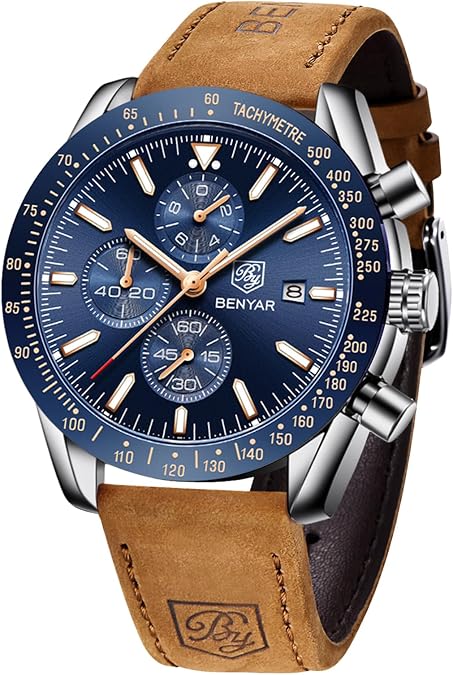 BENYAR Watches for Men, Analog Quartz Movement Chronograph Wrist Watch, Leather/Stainless Steel/Silicone Strap, Business Sports Casual Dress Watch, Waterproof Scratch Resistant, Elegant Gifts for Men