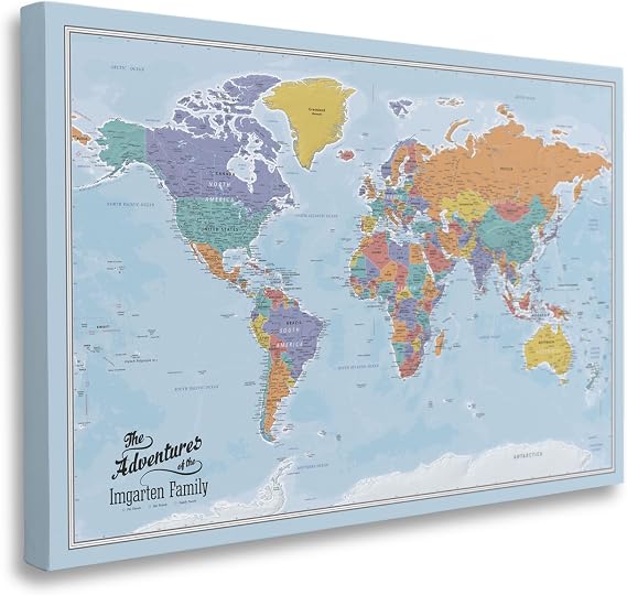 Blue Oceans World Map with Pins Personalized Travel Tracker Modern Frameless Canvas Wall Art Gallery Wrap 24" x 36"