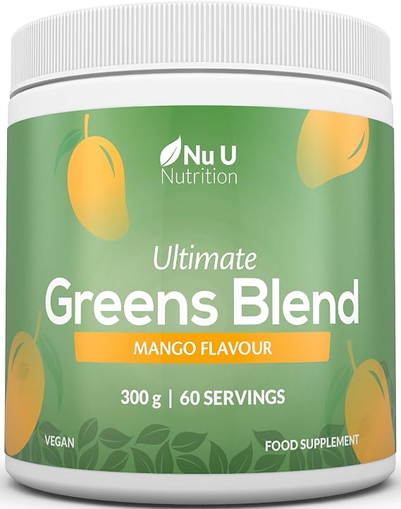 Nu U Nutrition - Super Greens Blend Mango Powder 300g - 17 Active Superfood Ingredients - 60 Servings - Vitamin & Mineral Rich Supplement - 100% Vegan, No Additives