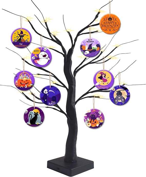 BIGSPINACH Black Halloween Tree 18-inch with LED Lights and Spooky Hanging Ornaments Set,Light Up Halloween Decor