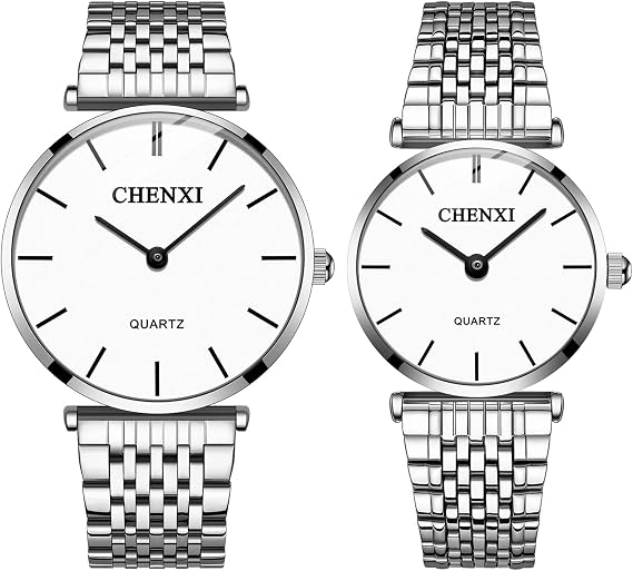 JewelryWe Couple Watches Quartz Analogue Partner Friendship Wrist Watch Classic Simple Ultra Thin Watch with Stainless Steel Bracelet Valentine's Day Couple Gift for Men Women Silver