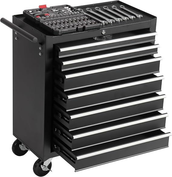 ChicFurnit Tool Chest, 7-Drawer Rolling Tool Chest with 5 Standard and 2 Large Drawers & Top Storage Rack, Storage Box with Four 360 Universal Wheels for Home Workshops, Repair Shops, Black