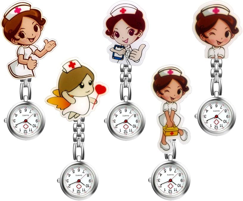Ladies Nurse Watch Cute Cartoon Clip-on Lapel Hanging-Pendant Doctor Clinic Staff Tunic Stethoscope Badge Quartz Fob Pocket Watch - 5 Pack