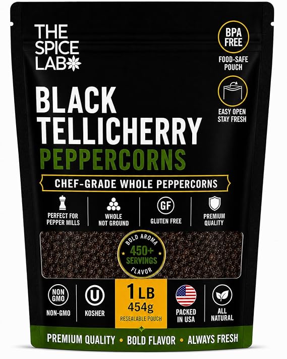 The Spice Lab Black Tellicherry Peppercorns for Grinder, 1 lb Bag | Steam Sterilized Kosher Non-GMO All Natural Black Pepper - Packed in the USA - Resealable Bag for Pepper Mill Refill