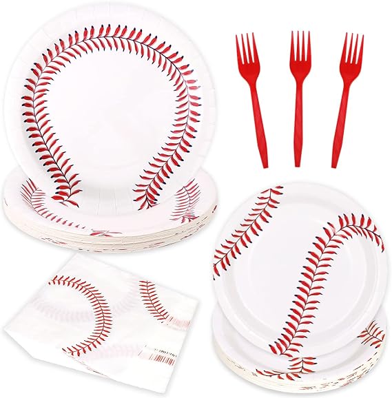 WILDPARTY 96PCS Baseball Party Supplies Set for 24 Guests Including Baseball Paper Dinner Plates, Dessert Plates, Napkins, Forks for Baseball Theme Party Decorations Baseball Tableware Party Favor