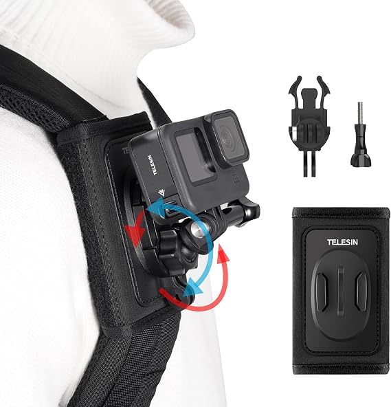 TELESIN 360 Backpack Mount with Quick Release Tripod Adapter, Shoulder Strap Bag Belt Clip POV Hiking Holder Accessories for GoPro 12 11 10 9 8 7 Insta360 X3 GO3 Ace Pro DJI Action 4 Osmo Pocket 3