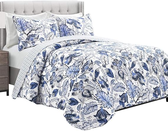 Lush Decor Cynthia Jacobean Reversible Cotton Quilt Queen Size 3 Piece Set Full/Queen Blue - Floral Bedding Set Queen Quilt - Blue Quilts Farmhouse