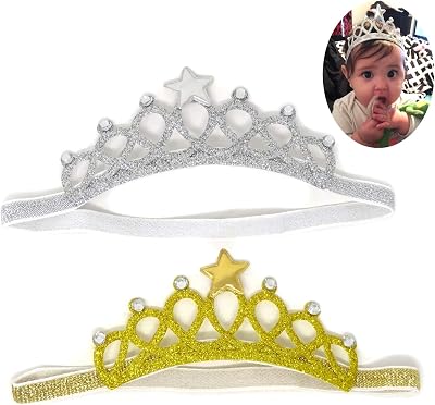 Honbay 2PCS Princess Crown Headband with Crystal and Star for 1 to 3 Years Old Baby, Gold and Silver