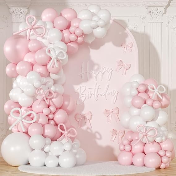 Pink White Balloon Arch Kit, 146Pcs Light Pink and White Bow Balloons Garland Arch Kit Different Size for Coquette Birthday Baby Shower Wedding Engagement Gender Reveal Party Decor