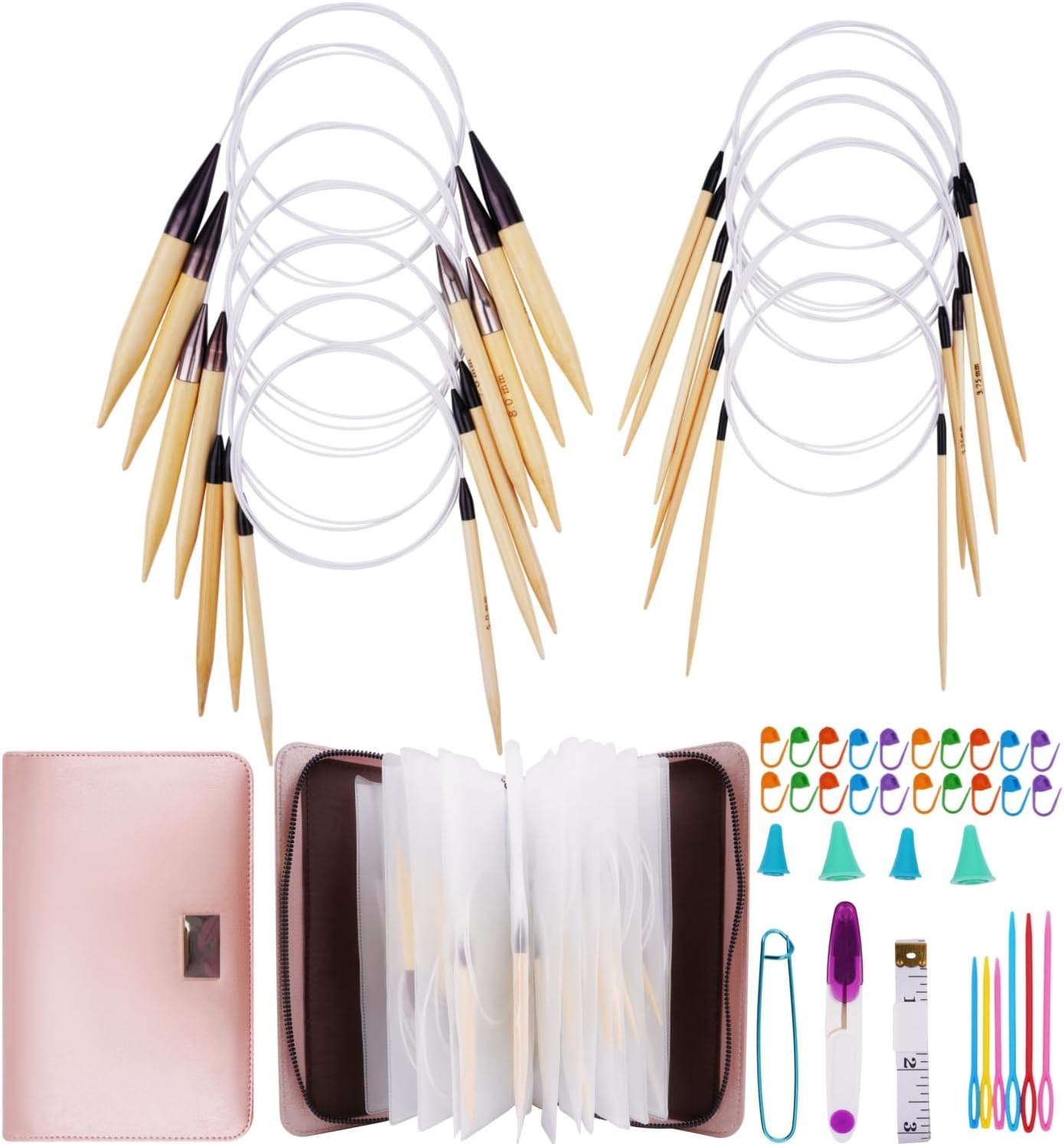 WAZAIGUR Circular 32 Inch 81cm Bamboo Knitting Needles Set with Case Sizes 3mm, 3.25mm, 3.5mm, 3.75mm, 4mm, 4.5mm, 5mm, 5.5mm, 6mm, 7mm, 8mm, 9mm, 10mm