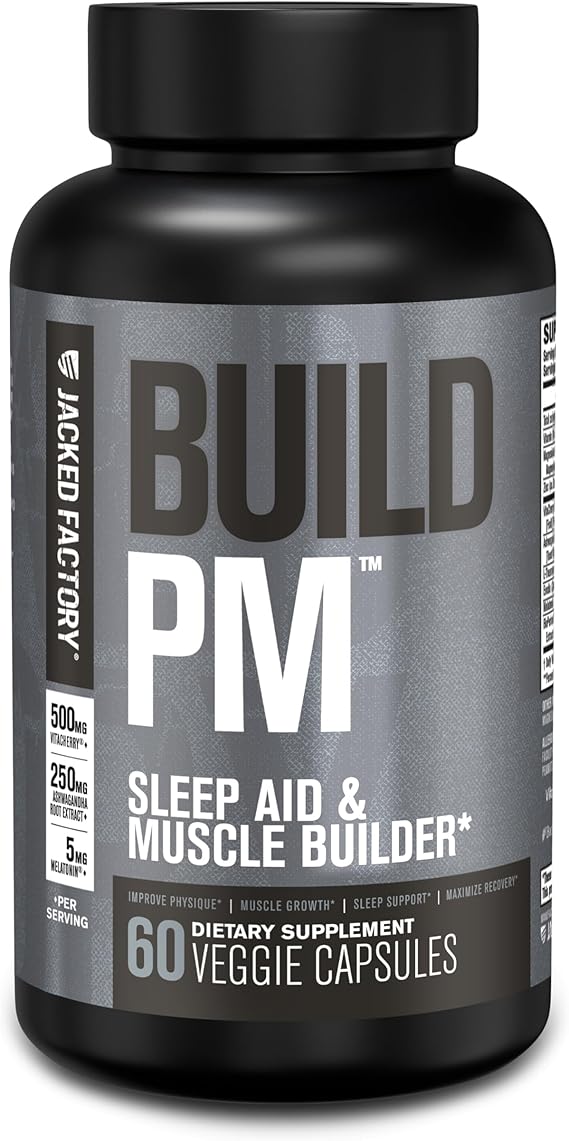 Jacked Factory Build PM Night Time Muscle Builder & Sleep Aid - Post Workout Recovery & Sleep Support Supplement w/VitaCherry Tart Cherry, Ashwagandha, Melatonin - 60 Natural Veggie Pills