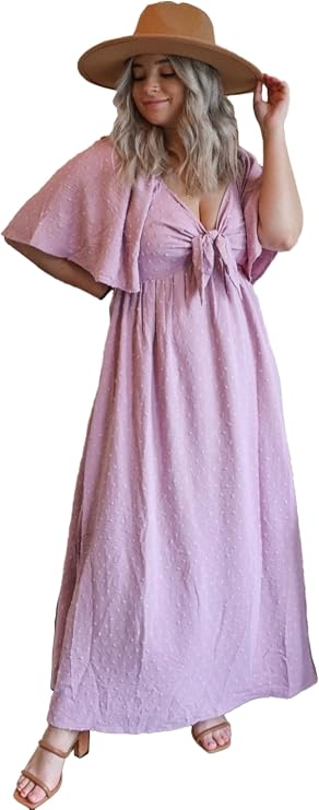 PinkBlush Textured Dot Front Tie Ruffle Sleeve Maternity Midi Dress