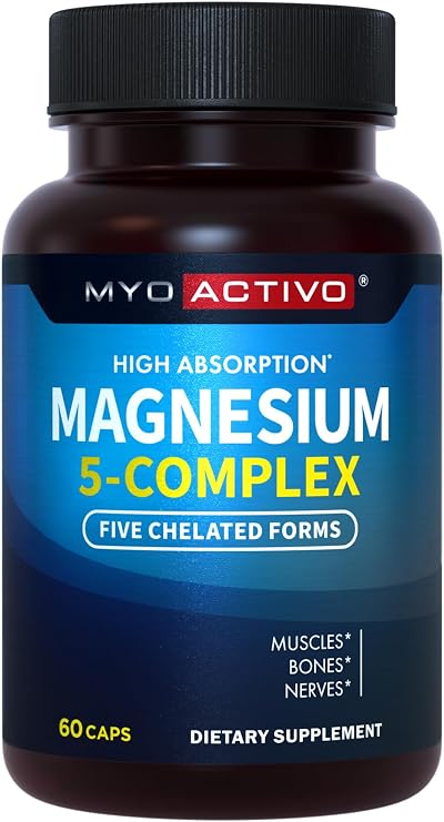 MyoActivo 5-in-1 Magnesium Complex for Women, High Absorption, 60 Capsules | 5 Chelated Forms - Magnesium Glycinate, Malate, Citrate, Taurate, Aspartate - Labdoor Tested, Made in USA - Bones, Muscles