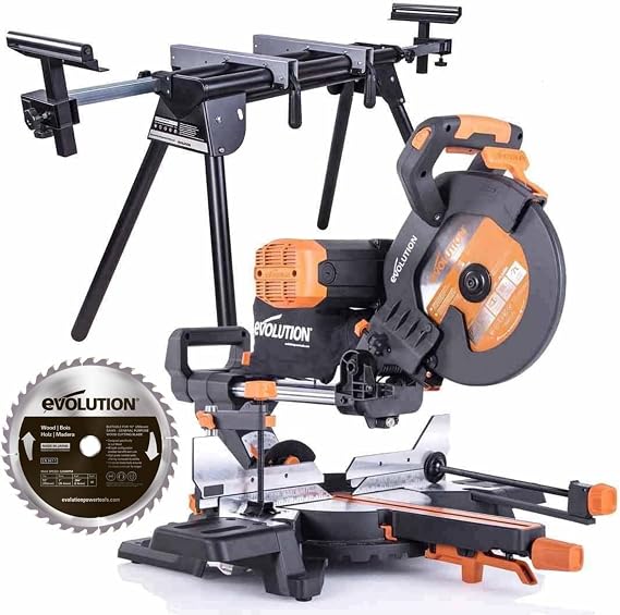 Evolution Power Tools R255SMS-DB+ 255mm Mitre Saw, Saw, Double Bevel Sliding Mitre Saw, Multi-Material Cuts Metal, Wood, Plastic & More - with Plus Pack Includes Clamps, Double Bevel & Stand Bundle